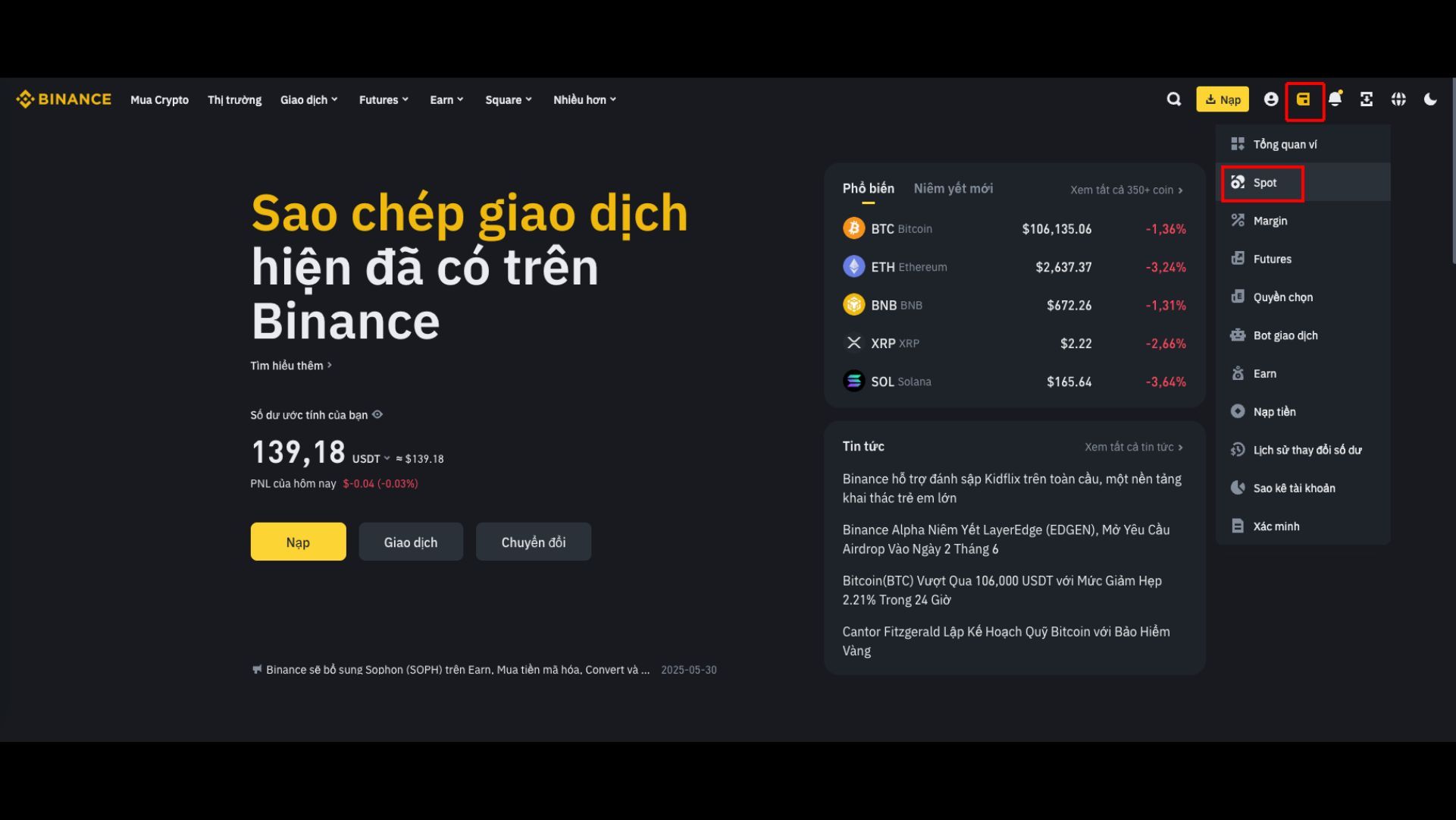 Giao diện Binance