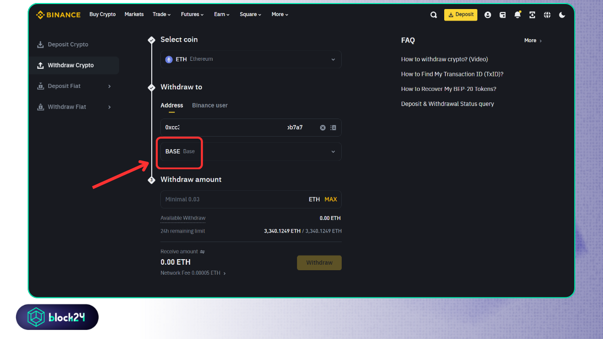 Chọn mạng Base khi rút ETH từ sàn Binance về ví Metamask