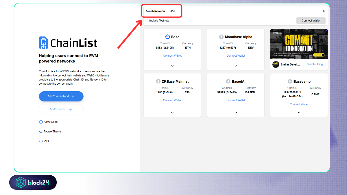 Tìm mạng Base trên ChainList