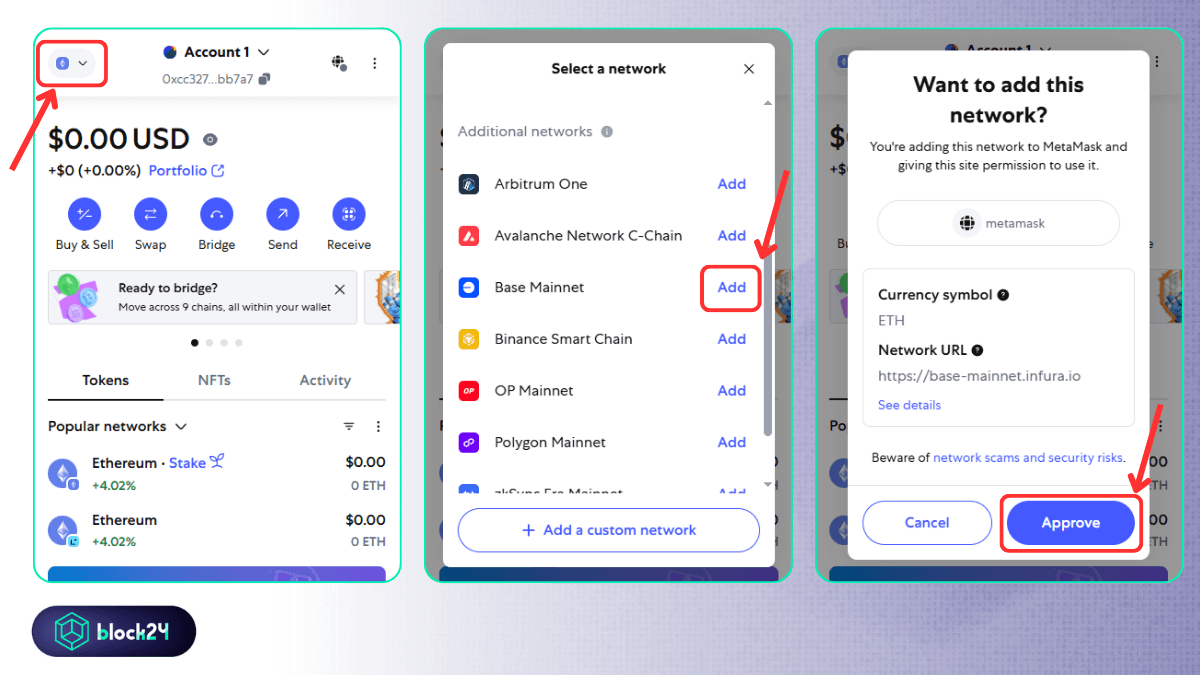 Thêm mạng Base trực tiếp trên Metamask