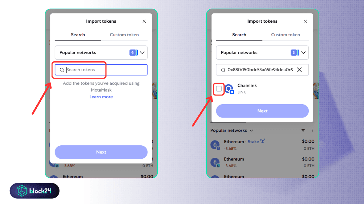 Ví dụ thêm LINK token mạng Base vào ví Metamask