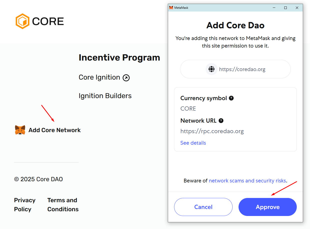 Các bước thêm Core vào MetaMask bằng coredao.org