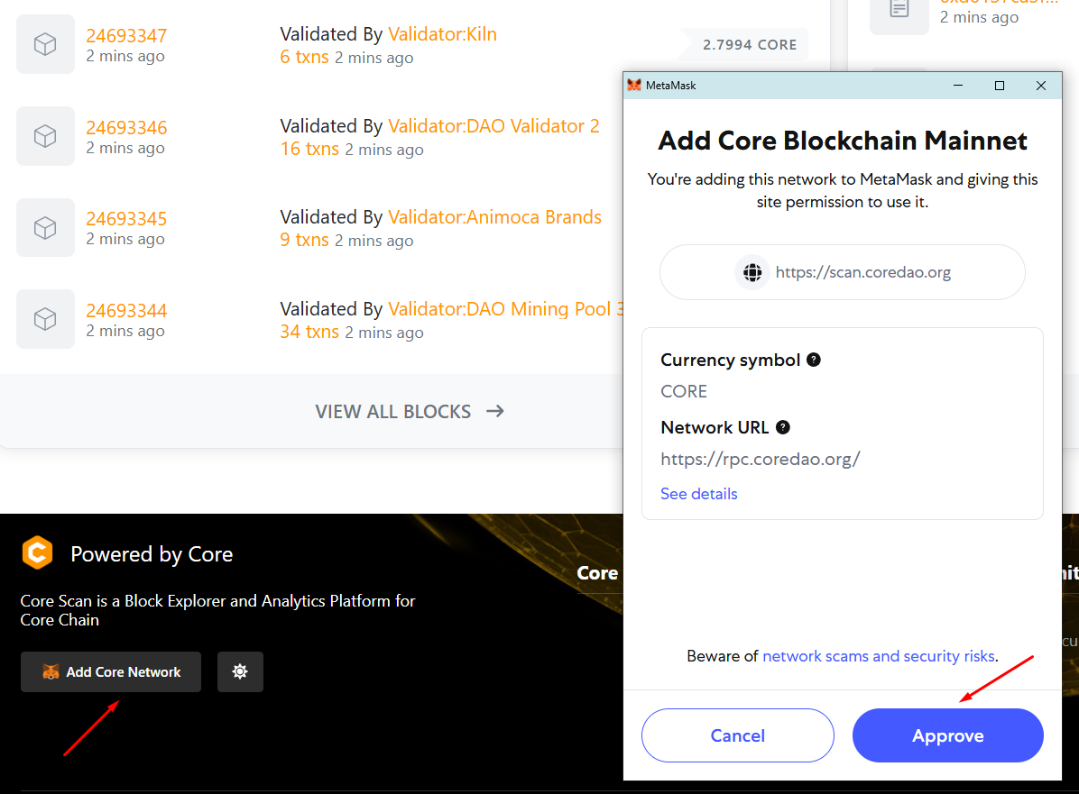 Các bước thêm bằng scan.coredao.org