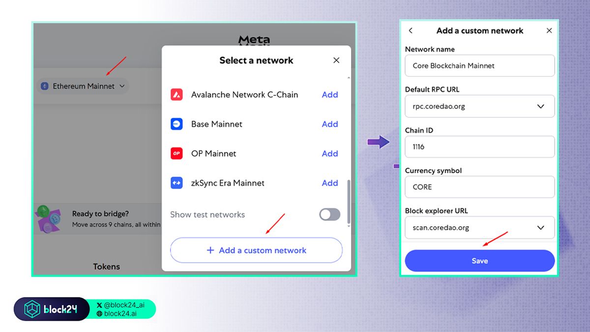 Các bước thêm thủ công Core vào MetaMask