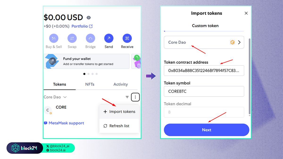 Các bước thêm token mạng Core vào MetaMask
