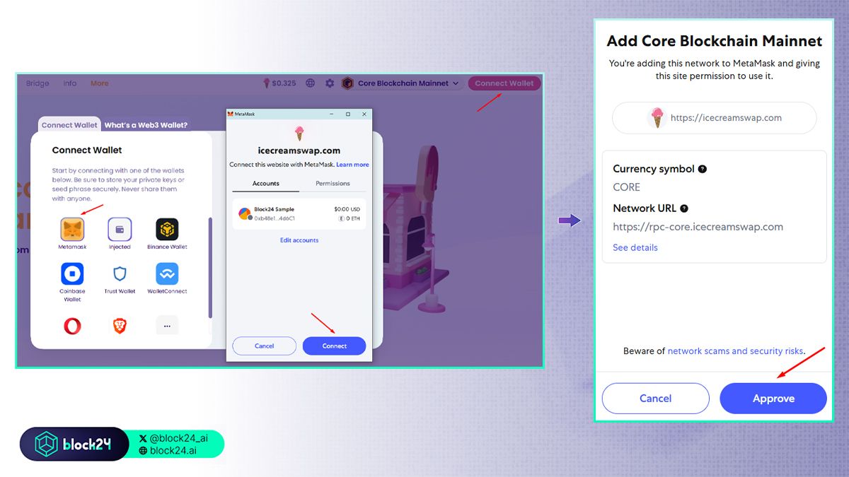 Các bước thêm Core vào MetaMask bằng dApp