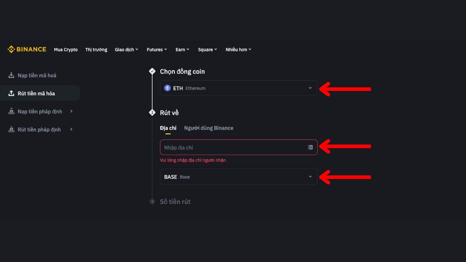 Giao diện rút tiền từ Binance