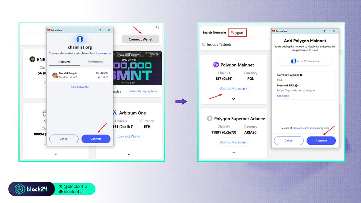 Sử dụng Chainlist thêm polygon vào metamask