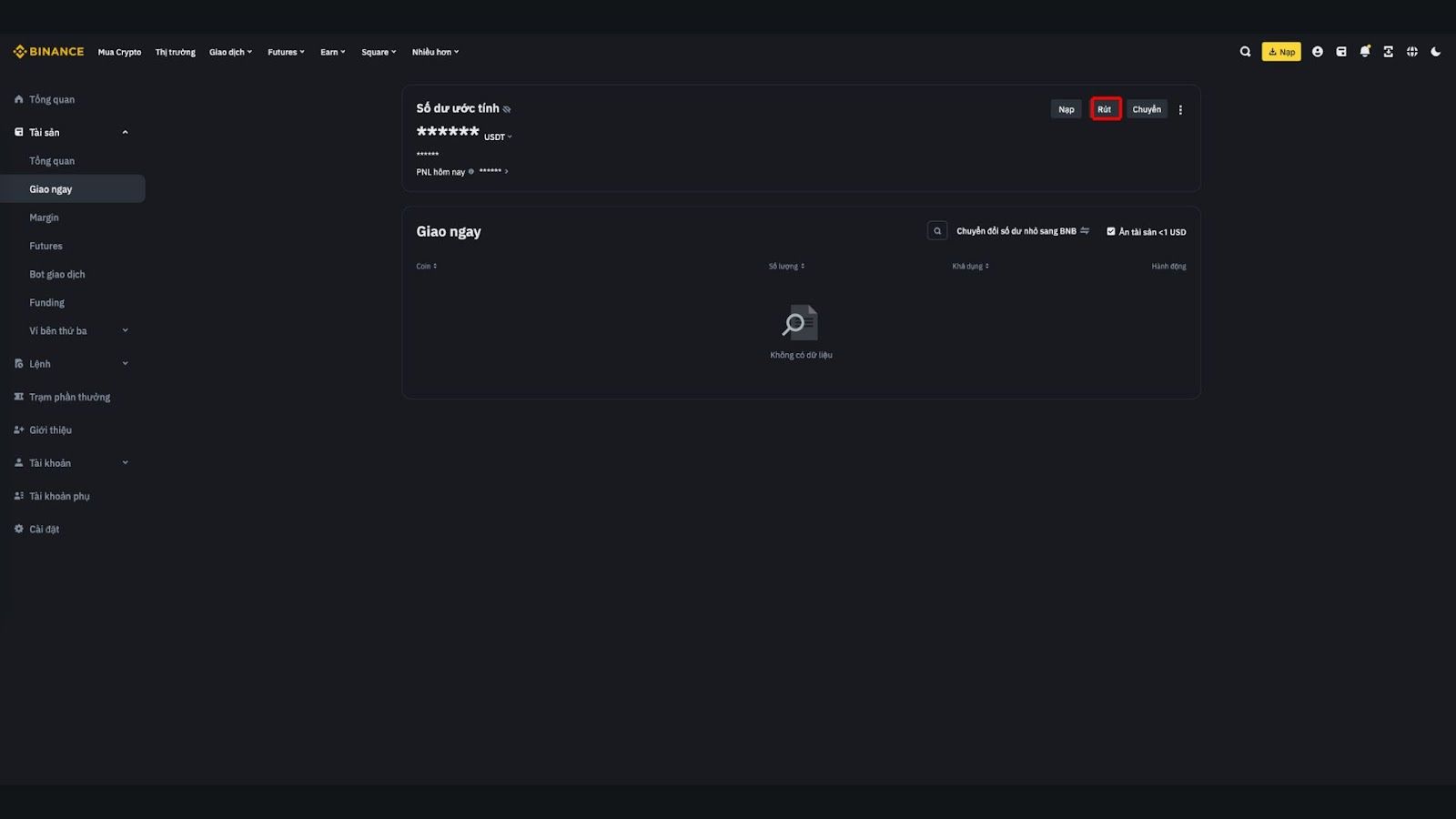 Giao diện rút tài sản Binance