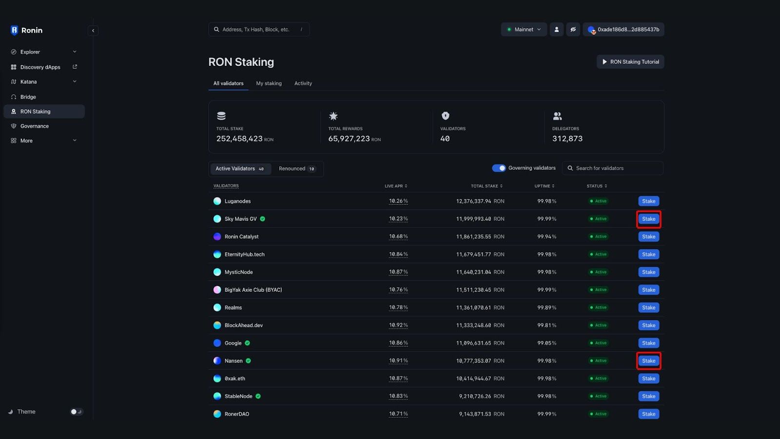 Stake RON vào Validator