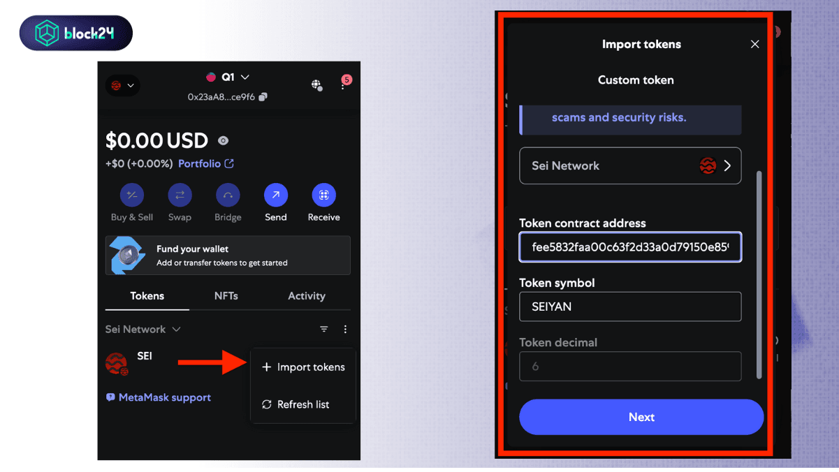 Thêm token mạng Sei
