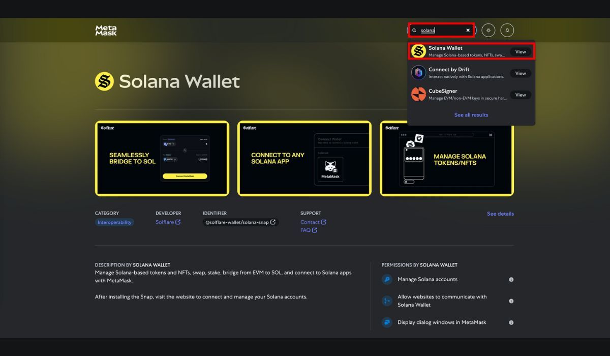 Tìm kiếm Solana Snaps trên MetaMask Directory