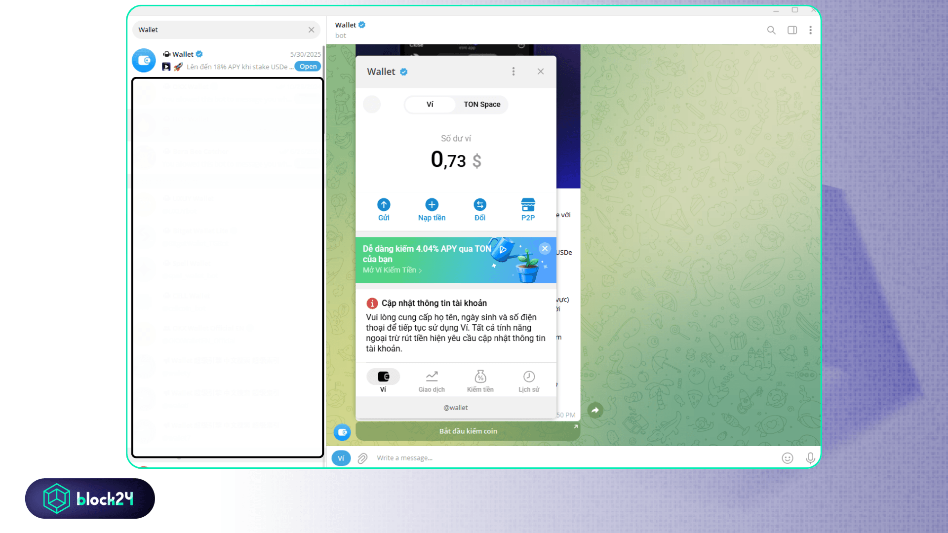 Sử dụng TON Wallet trực tiếp ở trên ứng dụng Telegram