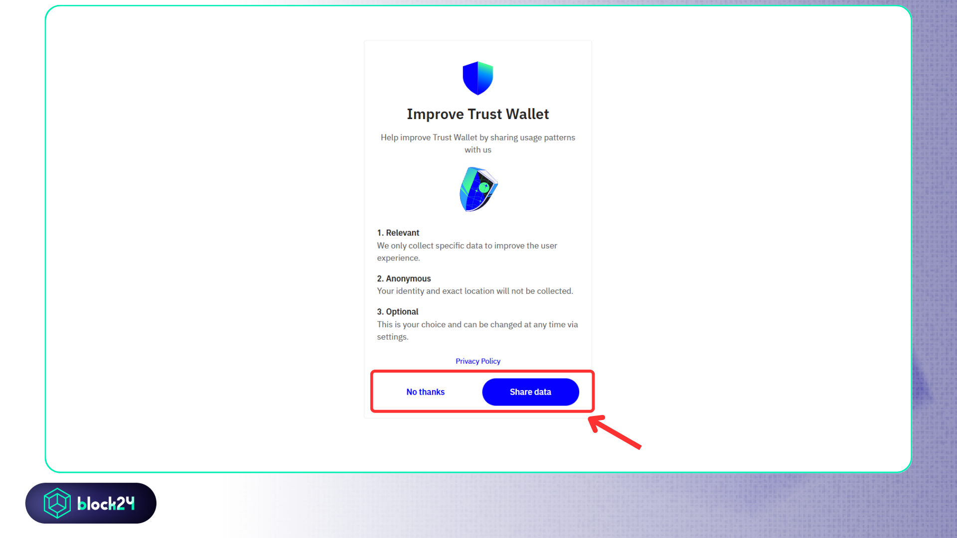 Chia sẻ dữ liệu để cải thiện Trust Wallet