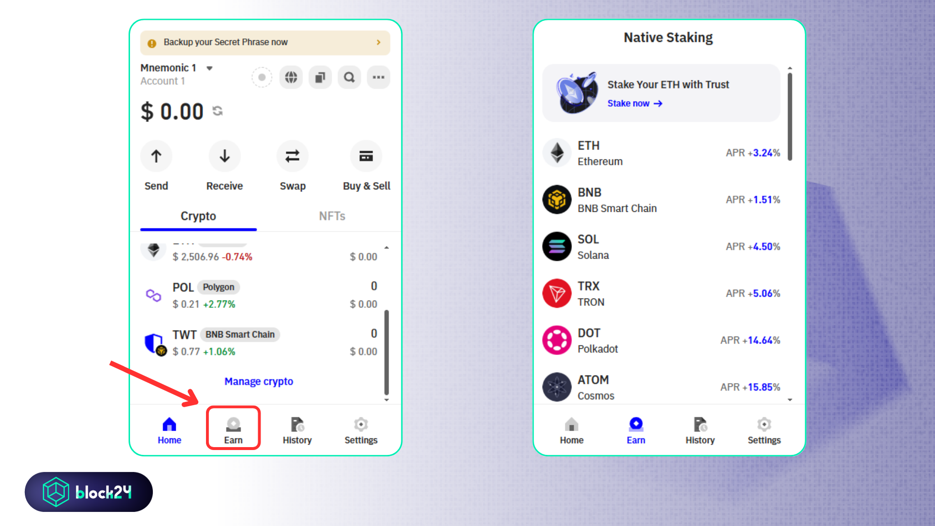 Tính năng Earn trên Trust Wallet