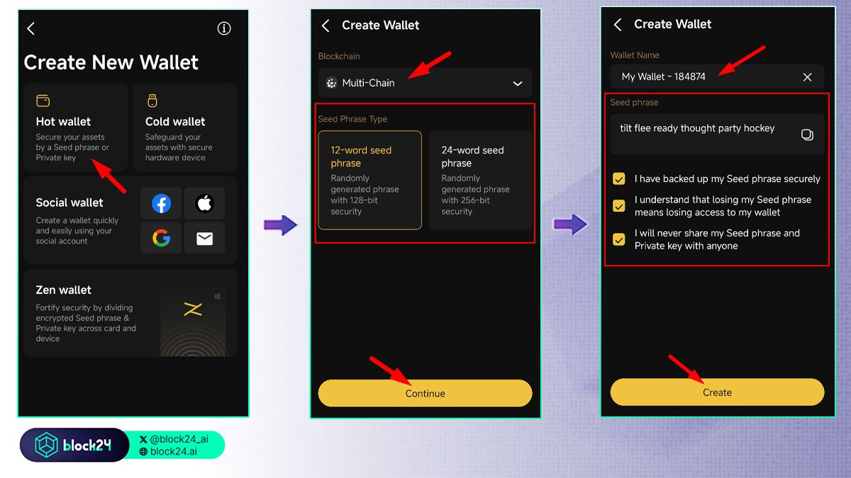 Chọn loại ví, mạng blockchain và lưu seed phrase