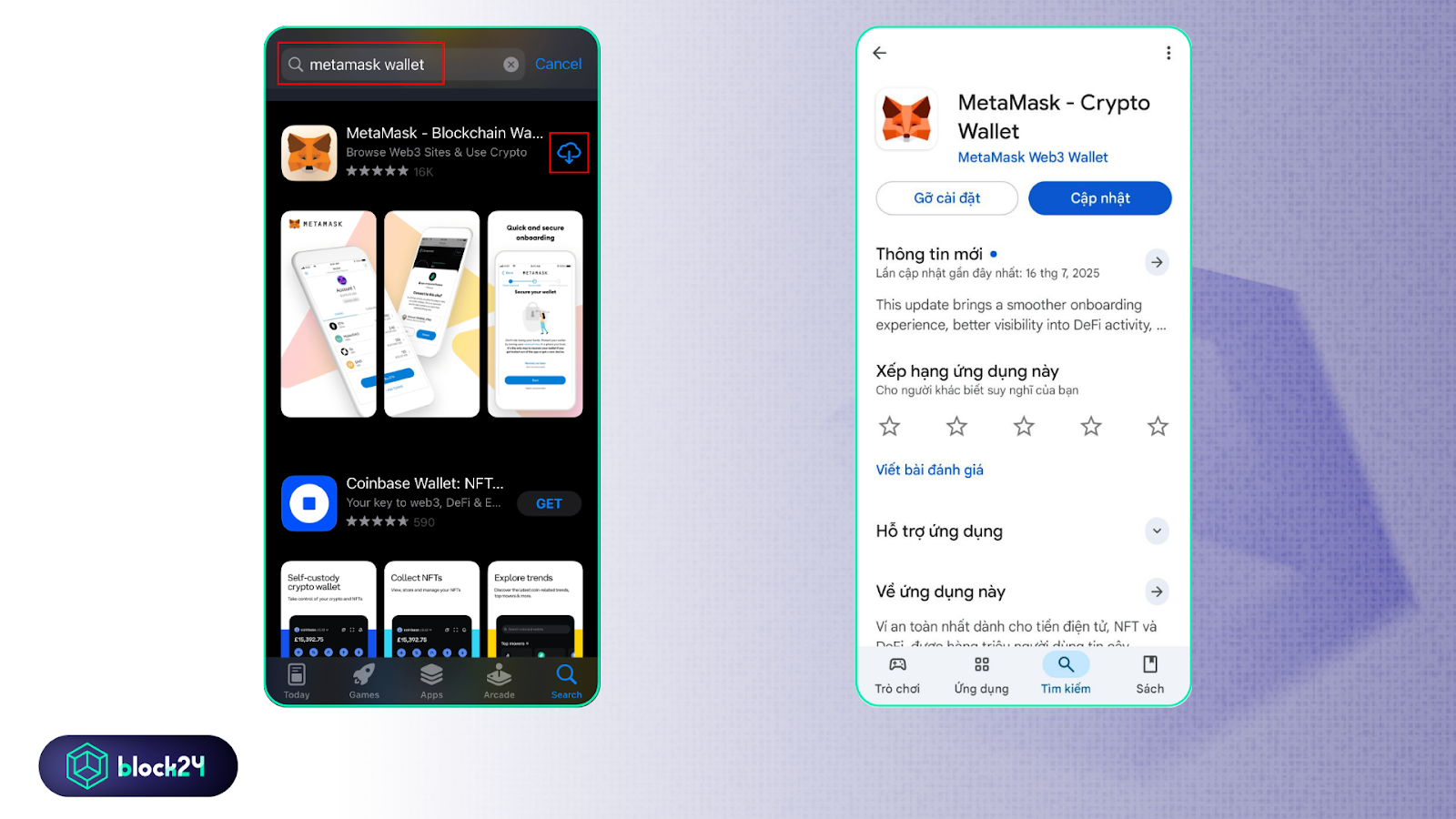 Metamask trên App Store (trái) và Google Play (phải)