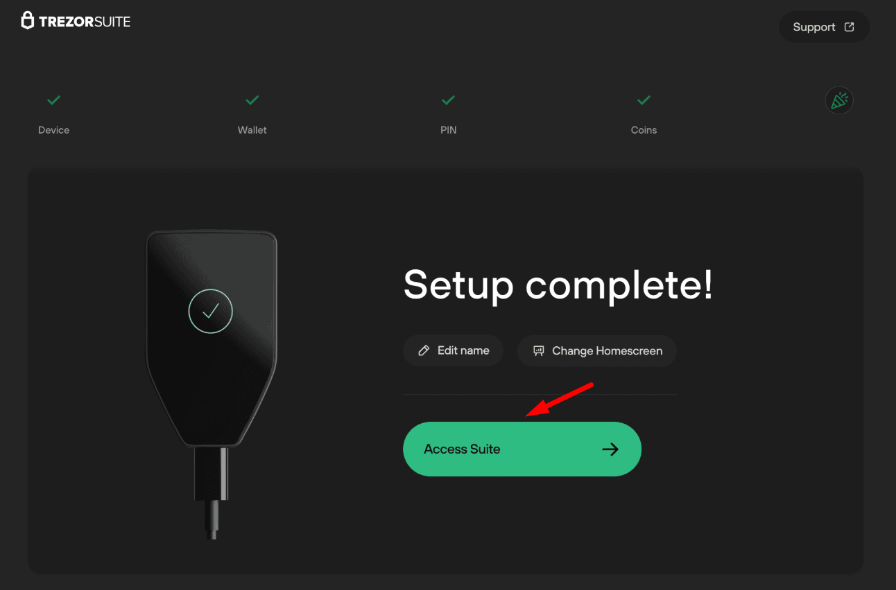 Thông báo hoàn tất quá trình thiết lập ví Trezor