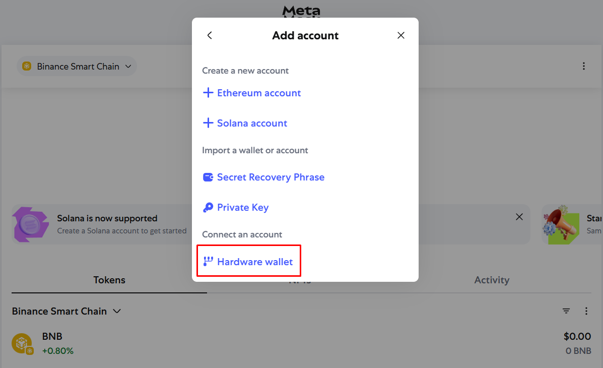 Account -> Hardware wallet