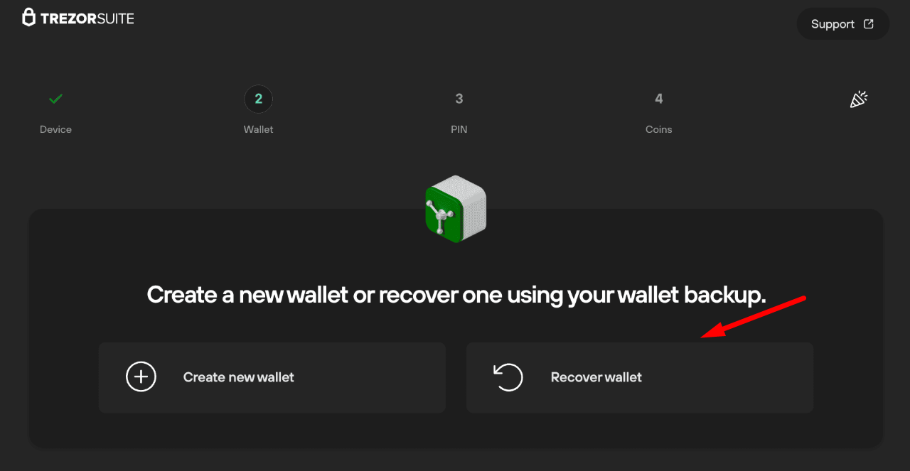 Recover Wallet -> Start recovery