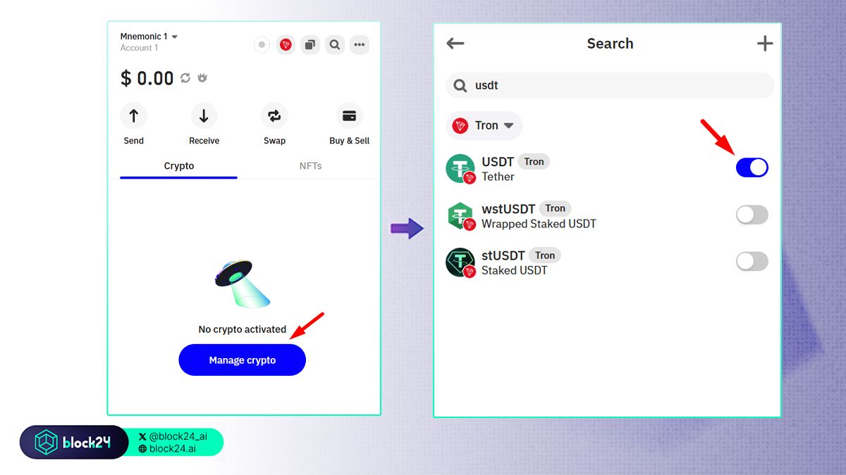 Vào manage crypto, tìm tên token và tích chọn để thêm