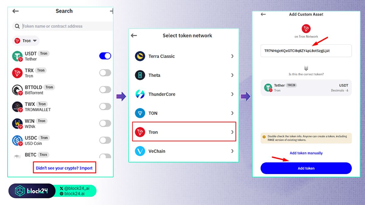 Các bước thêm token TRC20 thủ công