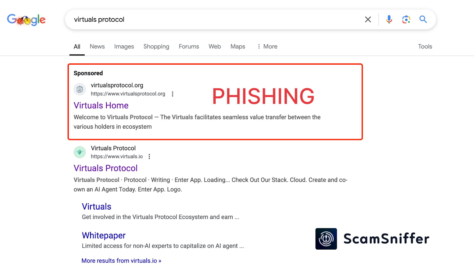 Link dự án Virtuals Protocol giả mạo - Nguồn ScamSniffer