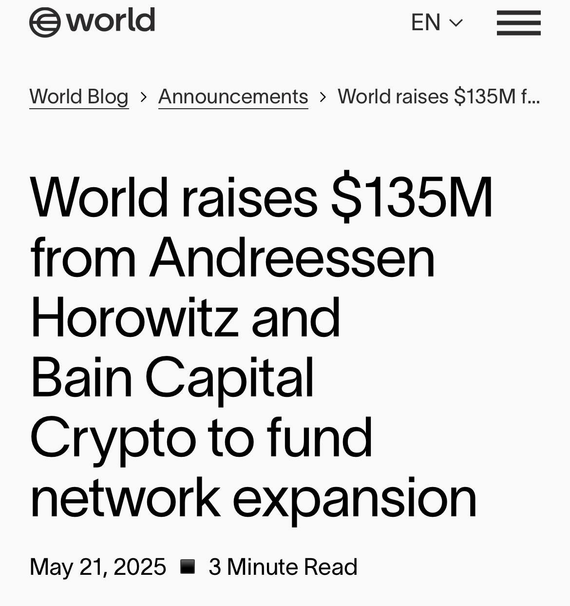 World huy động được 135 triệu USD từ a16z và Bain Capital Crypto - nguồn: World Blog