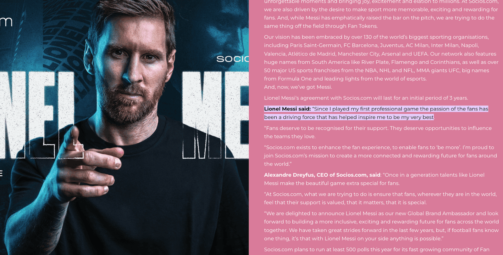 Chia sẻ của Messi trên trang messi.com